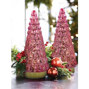 Pink Glass Christmas Tree 2pcs, Tabletop Mercury Christmas Tree with Light, Battery Operated Small Xmas Tree for Fireplace Centerpiece Decorations 10"