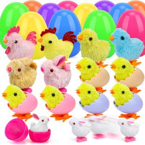 TOY Life Easter Eggs 12 Packs Filled with Wind Up Chicks and Plush Bunnies, Plastic Easter Eggs Toys Inside, Easter Filler with Wind Up Toys, Eggs for Egg Hunts, Easter Basket Stuffers for Kid Toddler