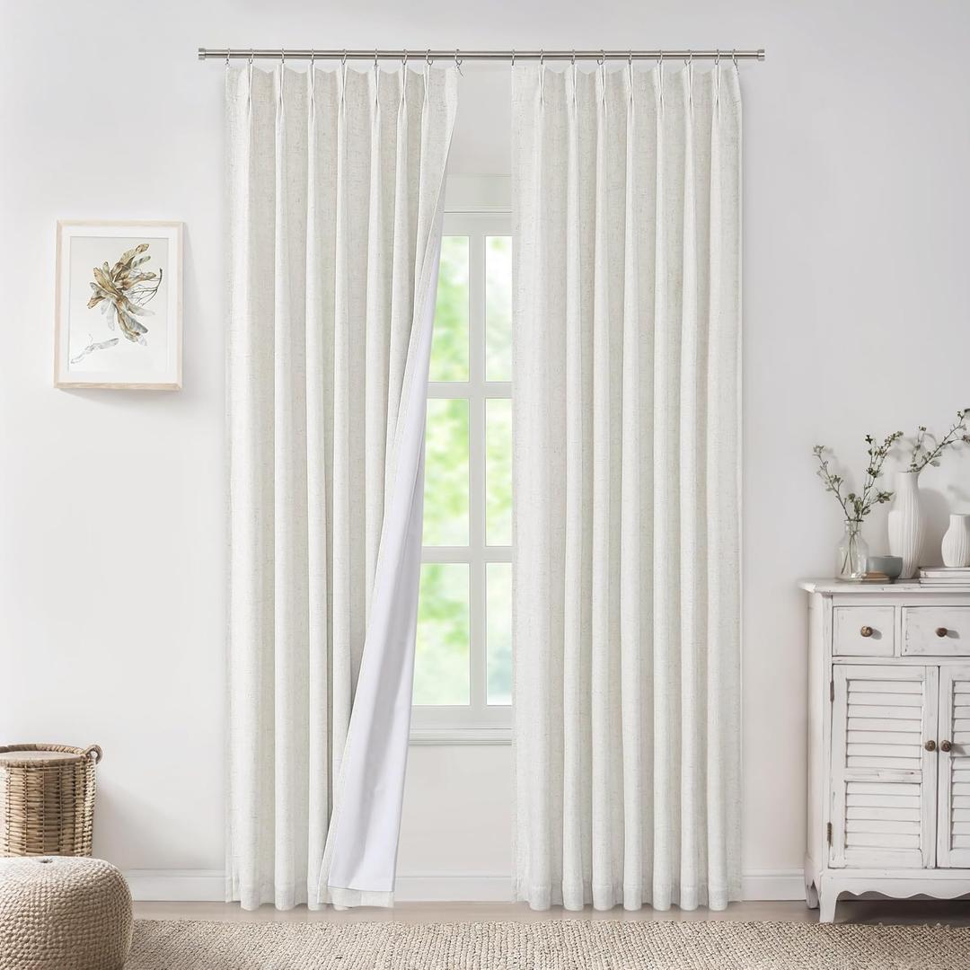 WEST LAKE Bailey Pinch Pleated Full Blackout Curtain Panels for Bedroom Living Room, Natural Linen Blended Room Darkening Drapes with Liner, Modern Window Treatment, Back Tabs Hooks, 40"Wx112"L (Pack of 2)