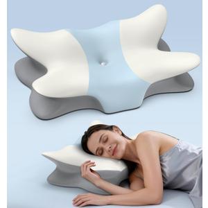 Cervical Pillow for Neck and Shoulder Pain Relief - Ergonomic Neck Pillow for Sleeping, Contour Memory Foam Pillows Side Sleeper Pillow for Neck Support, Bed Pillow for Side Back Stomach Sleepers (White & Blue)