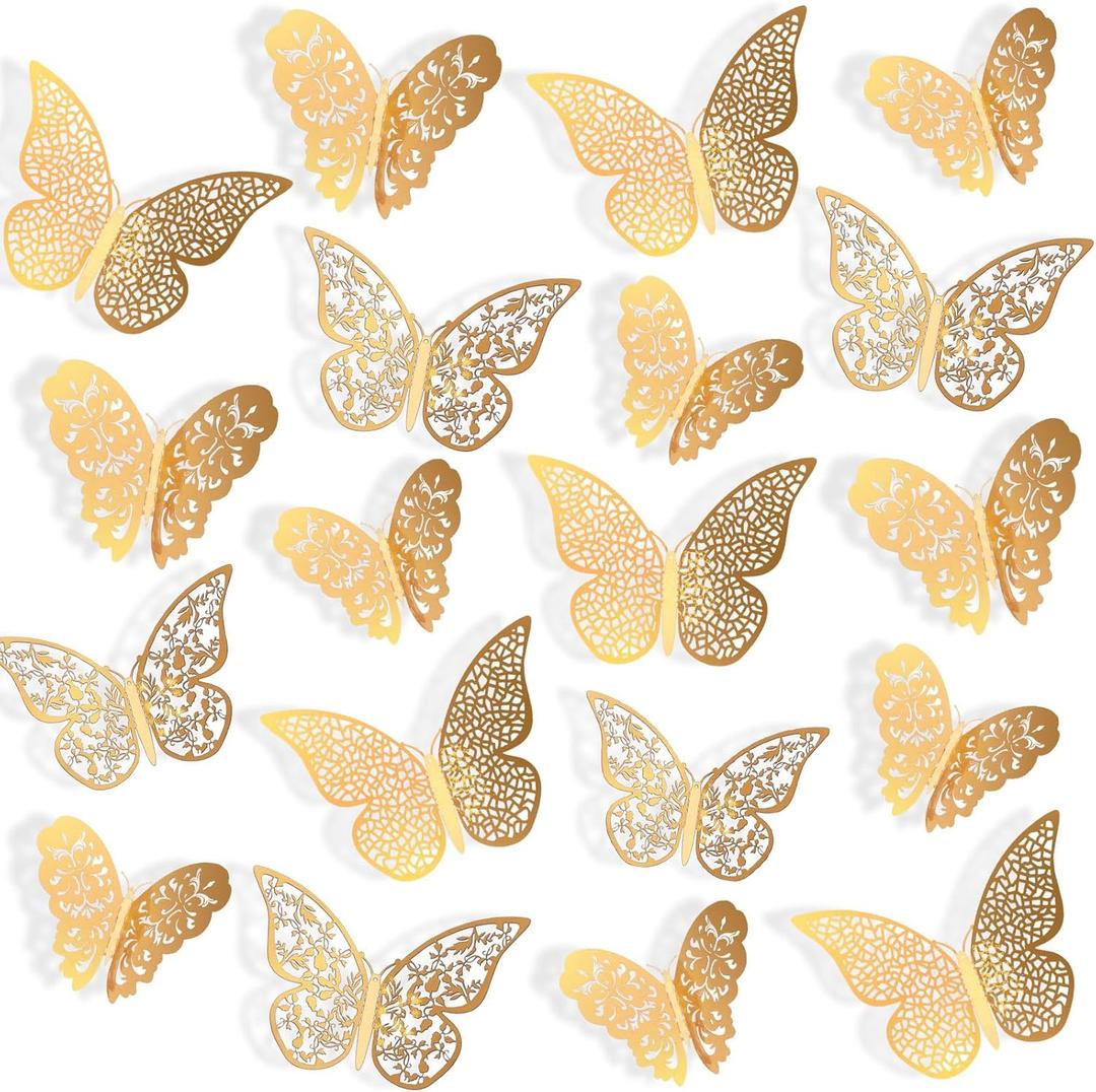 72 Pieces 3D Butterfly Wall Decals Sticker Wall Decal Decor Art Decorative Sticker 3 Sizes for Room Home Nursery Classroom Offices Kids Girl Boy Bedroom Bathroom Living Room Decor (Gold)