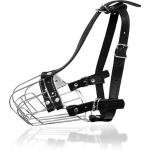 Dog Chrome Metal Muzzles Wire Basket Adjustable Leather Straps (#4) Circumference is 9.4-11 in, Length is 3.1-3.5 in