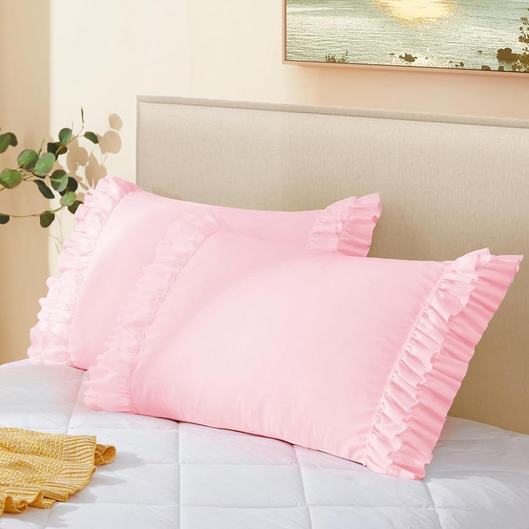 Vonty Ruffled Pillow Cases Standard Pillowcases(20x26), Decorative Ruffle Pillowcases - Pink Pillow Cases Set of 2, Scalloped Euro Sham Farmhouse Pillow Shams with Envelope Closure