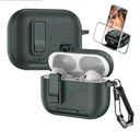 for AirPods Pro 3 Generation 2025 Case with Carabiner & Kickstand, Support Wireless Charging Lock Clip PU Leather Case Rugged Shockproof Protection Cover for AirPod Pro 3 - PWJ Green