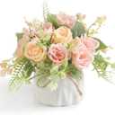 Artificial Rose Flower Plants with Small Ceramic Vase Fake Silk Variety Flower Balls Flowers Decoration for Table Home Living Room Party Office WeddingChampagne Powder