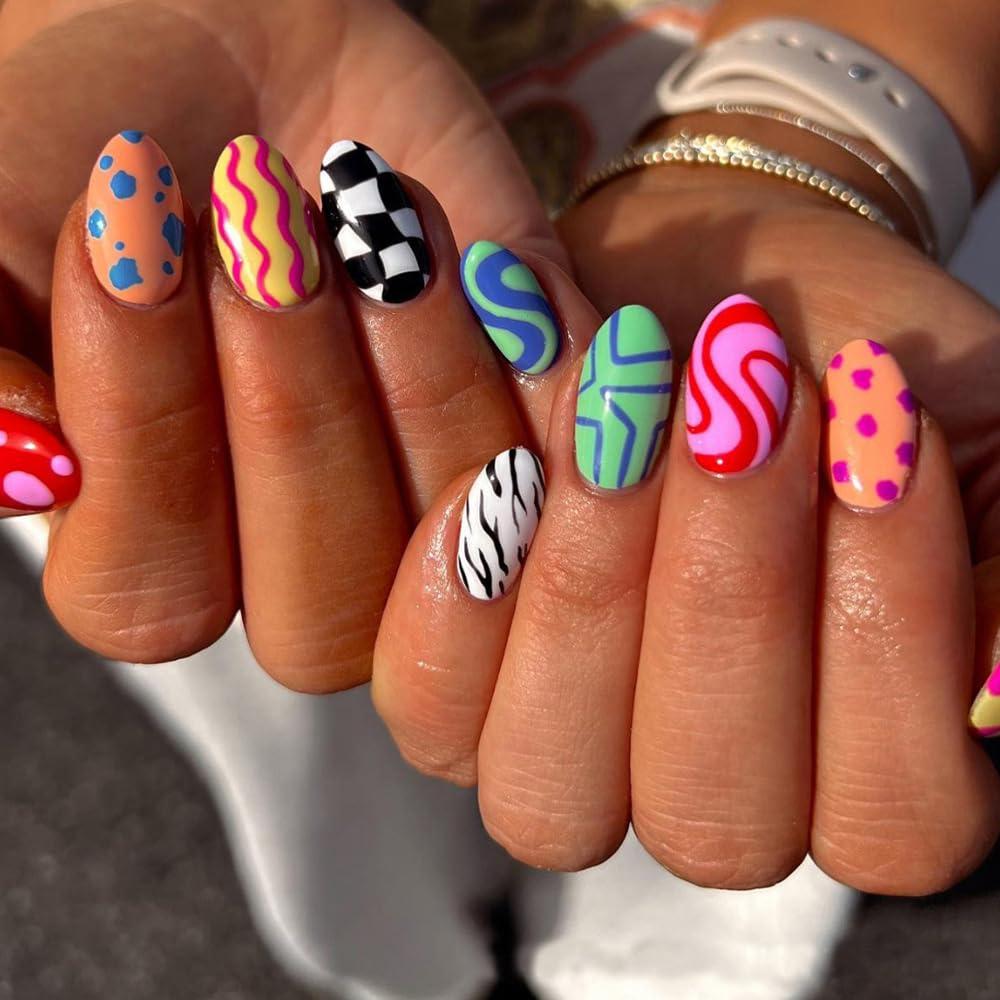Dopamine Colorful Press on Nails Short CEWEWP Almond Fake Nails with Checkered Striped Design Cute Geometric Irregularity Acrylic Stick on Nails Summer Glossy Full Cover Glue on Nails for Women 24Pcs (Q16)