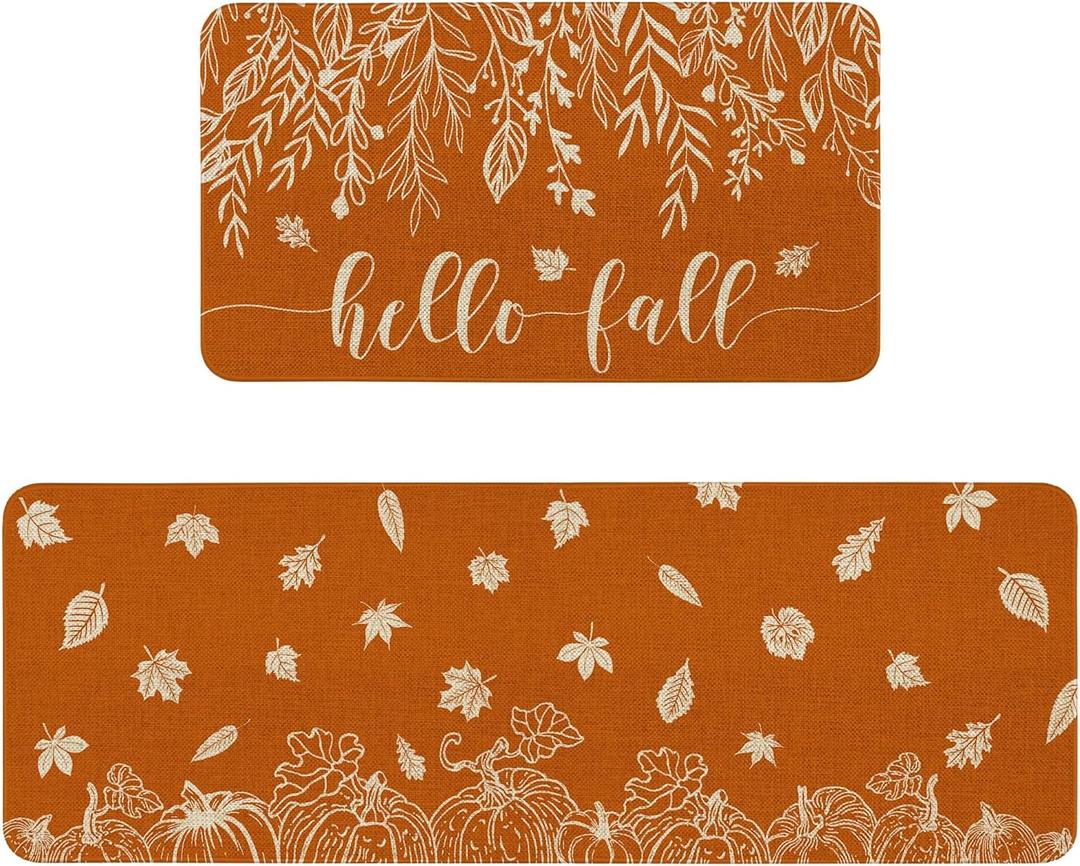 Hello Fall Kitchen Mat, Orange Fall Kitchen Rugs Indoor Set of 2, Fall Kitchen Mats for Floor, Fall Kitchen Decor Home Decorations (Fall Pumpkins Leaves)