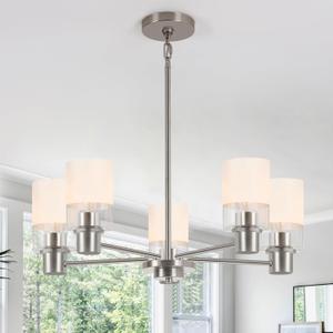 5 Lights Chandeliers for Dining Room Light Fixtures Over Table with Milk Glass Shade, Brushed Nickel Chandelier for Kitchen Island Table Living Room Entryway Bedroom Bathroom with Adjustable Rods