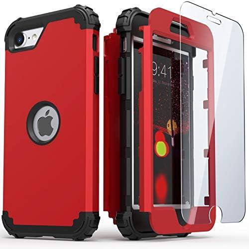 IDweel for iPhone SE 2020 Case with Screen Protector,Case for iPhone SE 2022, Sturdy 3 in 1 Shock Absorption Slim Fit Heavy Duty Hard PC Cover Soft Silicone Bumper Full Body Cover,Red