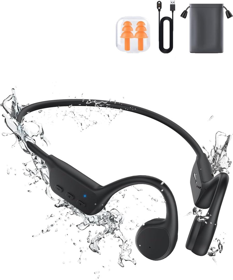 Bone Conduction Swimming Headphones, IPX8 Waterproof Open Ear Bluetooth Headphones with 32GB Built-in MP3 Player, Wireless Sport Headphones for Swimming, Running, Workout, Black