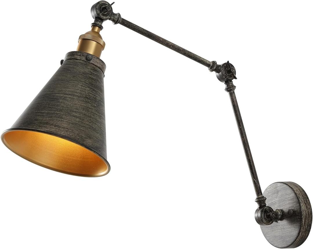 JONATHAN Y 7" Rustic Dark Gray/Brass Gold Classic Industrial Metal Adjustable Arm LED Wall Sconce for Bedside Reading, Farmhouse Swing Arm Wall Lamp with Metal Shade, Hardwired (JYL7462D)