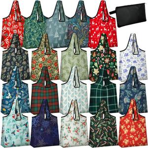 20 Pcs Christmas Gifts Christmas Reusable Grocery Bags Bulk Storage Pouch Shopping Bags Foldable Machine Washable Tote Zipper Pouch for Home