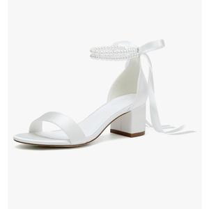 Women's Low Block Chunky Heels Sandals Open Toe Pearls Wedding Heels for Bride Heeled Party Dress Pump Shoes Size 38