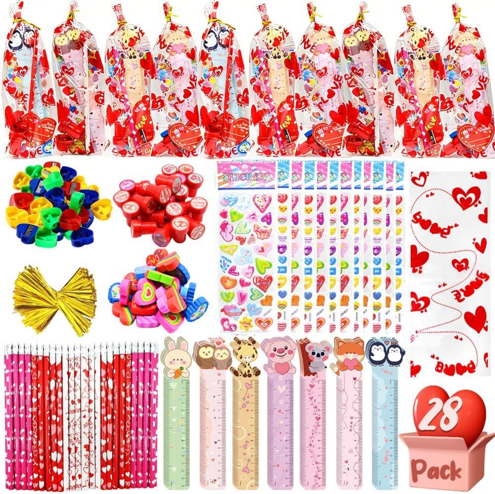 UMEELR 28 Pack Stationery Gift Set, Include Pencil Eraser Sharpener Ruler Stamper Foam Sticker Greeting Card for Kids School Classroom Prize