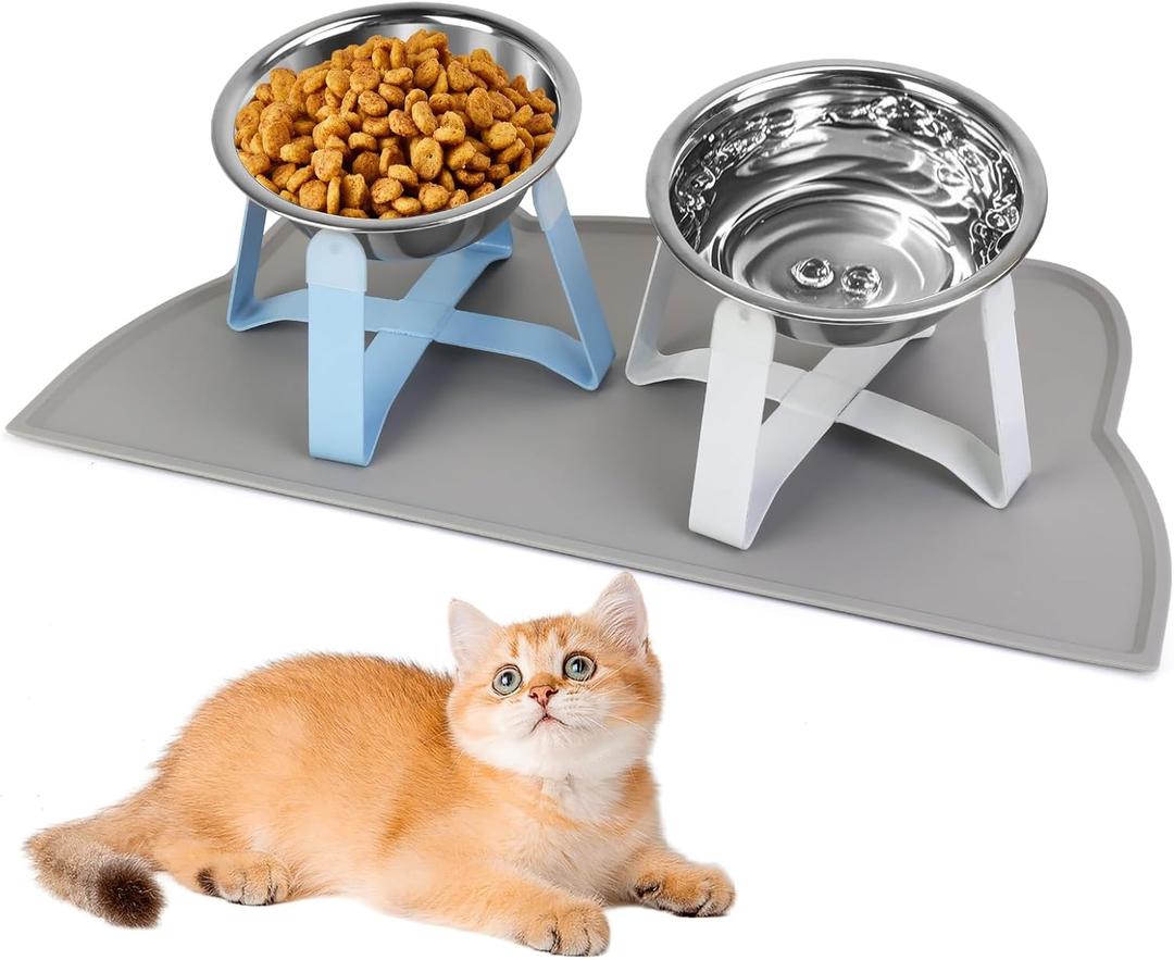 Elevated Cat Bowls, 5.5 Wide Stainless Steel Cat Bowls with Food Mat & Metal Stand, Raised Pet Water Food Feeder with Non-Slip Raised Stand for Cats, Kittens, Puppy, Small Dogs