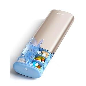Vaydeer Metal 7 Day Pill Organizer 2 Times a Day – AM PM Weekly Travel Pill Case with Moisture-Proof Desiccant, Airtight Large Capacity Pill Box for Vitamins, Medications & Supplements (Champagne)