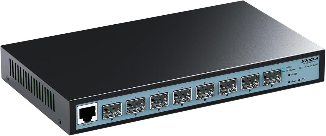 SODOLA 8 Port 10G L3 Managed Switch, 8X10G SFP+ Interface, Link Aggregation/QoS/VLAN/IGMP, Wall Mounted Fanless 10Gb SFP Network SwitchSFPPorts Only,Transceiver is NOT Included