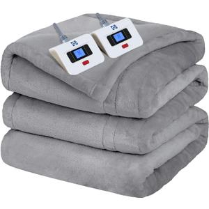 Sealy Electric Blanket Queen Size, Flannel Heated Blanket with 10 Heating Levels & 1-12 Hours Auto Shut Off, Machine Washable, Light Grey, 84 x 90 Inch