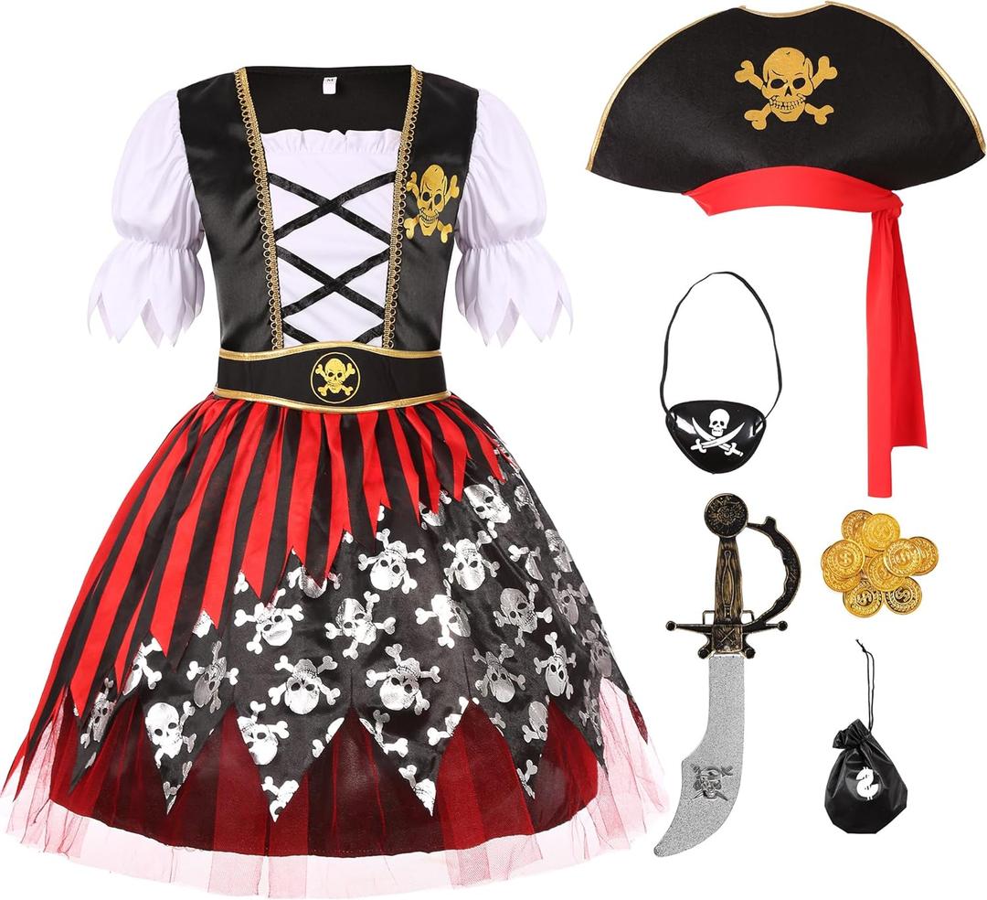 Cuteshower Girls Pirate Costume for Kids Halloween Dress Up Pirate Pretend Cosplay (7-9 Years, Black)