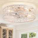 LEDIARY 20 Inch Caged Ceiling Fans with Lights, White Flush Mount Ceiling Fan with Remote&App, Low Profile Bladeless Ceiling Fan Light Fixture for Bedroom, Kitchen, Dining Room-White Gold Color (Large)
