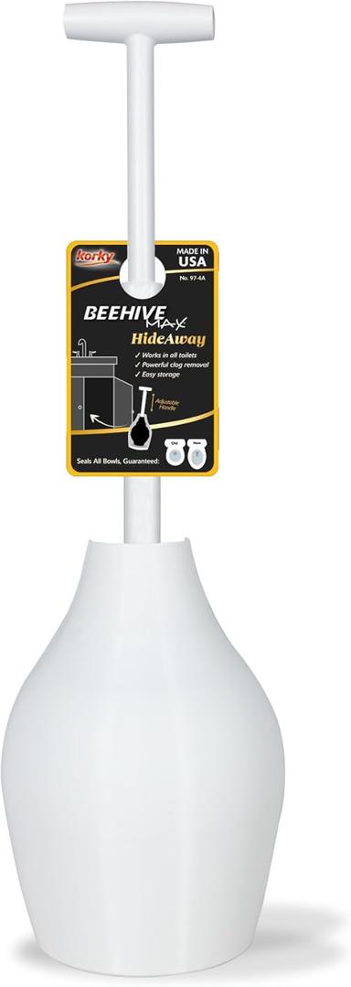 Korky BeehiveMAX Hideaway - Heavy Duty Toilet Plunger with Holder - Drip Free Carry - Seals All Bowl Shapes  Powerful Clog Removal, 97-5 (White)