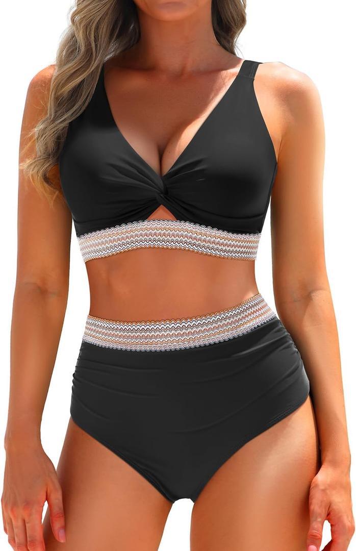 Yonique Women's Two Piece High Waisted Bikini Set Tummy Control Swimsuit Full Coverage Bathing Suit (Black, XL)
