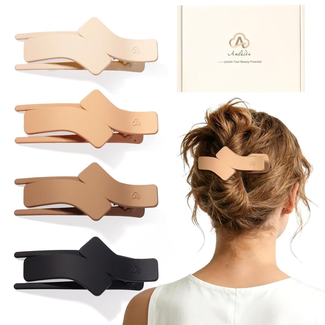 Medium Flat Hair Clips for Women, French Flat Claw Clips for Thin Thick Hair, Duckbill Hairclips for Driving, Doing Yoga, Strong Hold and Non Slip-Beige, Light Khaki, Dark Khaki, Black-4 Pcs