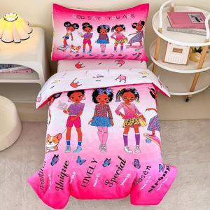 4-Piece Toddler Bedding Set for Girls - Black Girl Magic Comforter Set Includes Comforter, Flat Sheet, Fitted Sheet, Pillowcase