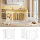 Freestanding Dog Gates with Door Walk Through, Extra Wide Doggy Door 100" W x 29" H Pet Gate Safty 4 Panels Dog Fence for Stairs, Doorways, White