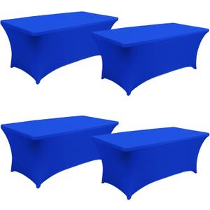 6FT Spandex Table Cover Table Cloth for Folding Tables Fitted Rectangular Tablecover Washable Wrinkle Resistant Polyester Stretch Tablecloth Protector for Wedding Banquet Party (4 Pack, Royal Blue)