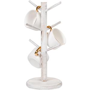 Dorhors Mug Holder Tree,Coffee Cup Holder with 6 Hooks, Wood Mug Rack for Counter,Coffee Bar Accessories and Orgnizer Station (Rustic White)