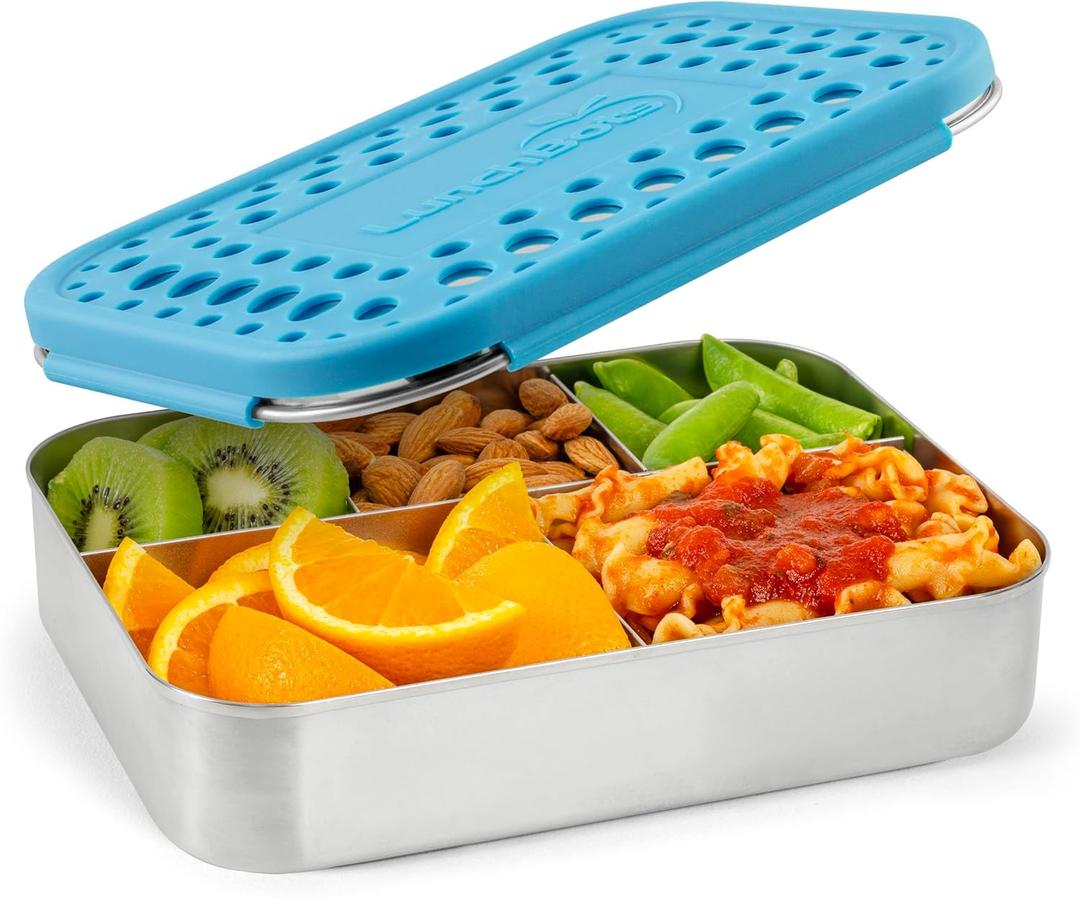 LunchBots Large Cinco Stainless Steel Lunch Container - Five Section Design Holds a Variety of Foods - Metal Bento Box for Kids or Adults - Dishwasher Safe - Stainless Lid - Aqua Dots