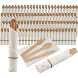 Pre Rolled Napkin and Bamboo Cutlery Set - 100Pack Bamboo Utensils/Compostable Cutlery(100 Forks, 100 Knives, 100 Spoons, 100 Napkins), Biodegradable Wrapped Cutlery for Party, Wedding, Events