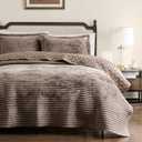 WDCOZY Velvet Queen Size Quilt Set - Beige Striped Soft Lightweight Bedspread, Tan Neutral Channel Farmhouse Country Rustic Coverlet, Taupe Camel Modern Bedding Kakhi Warm Thin Comforter, 3 Pieces