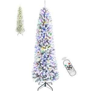 6.5FT Pre-lit Snow Flocked Pencil Christmas Tree with Remote Control, 250 Warm White Multi-Color Lights, Hinged Slim Skinny Spruce for Home, Office, Holiday Party Decoration Dual Color LED, Branch (Green Sonw)