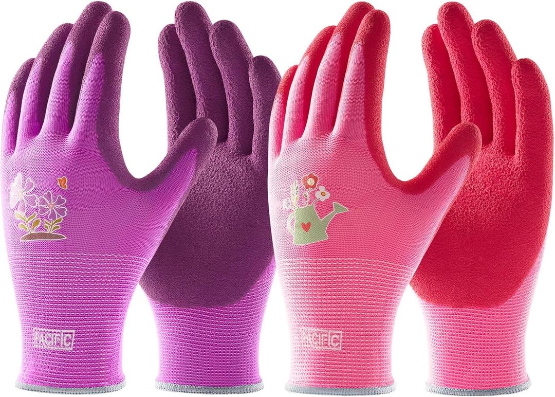 2 x PACIFIC PPE 2 Pairs Gardening Gloves for women and Ladies, Rubber Coated Garden Gloves, Outdoor Protective Work Gloves, Small, Pruple & Red