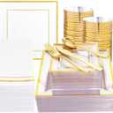 Festiva 350Pcs Clear Plastic Plates with Gold rim - Clear Gold Disposable Dinnerware for 50 Guests includeSquare Plastic Plates/Cups/Cutlery/Napkins Perfect for Birthday Party&Wedding