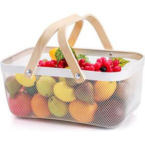 ZEAYEA Mesh Storage Basket with Handle, Garden Harvest Basket, Mesh Fruit Basket Bin for Gathering Vegetables, Multi-functional Metal Wire Basket for Kitchen Garden Picnic Cabinet, White