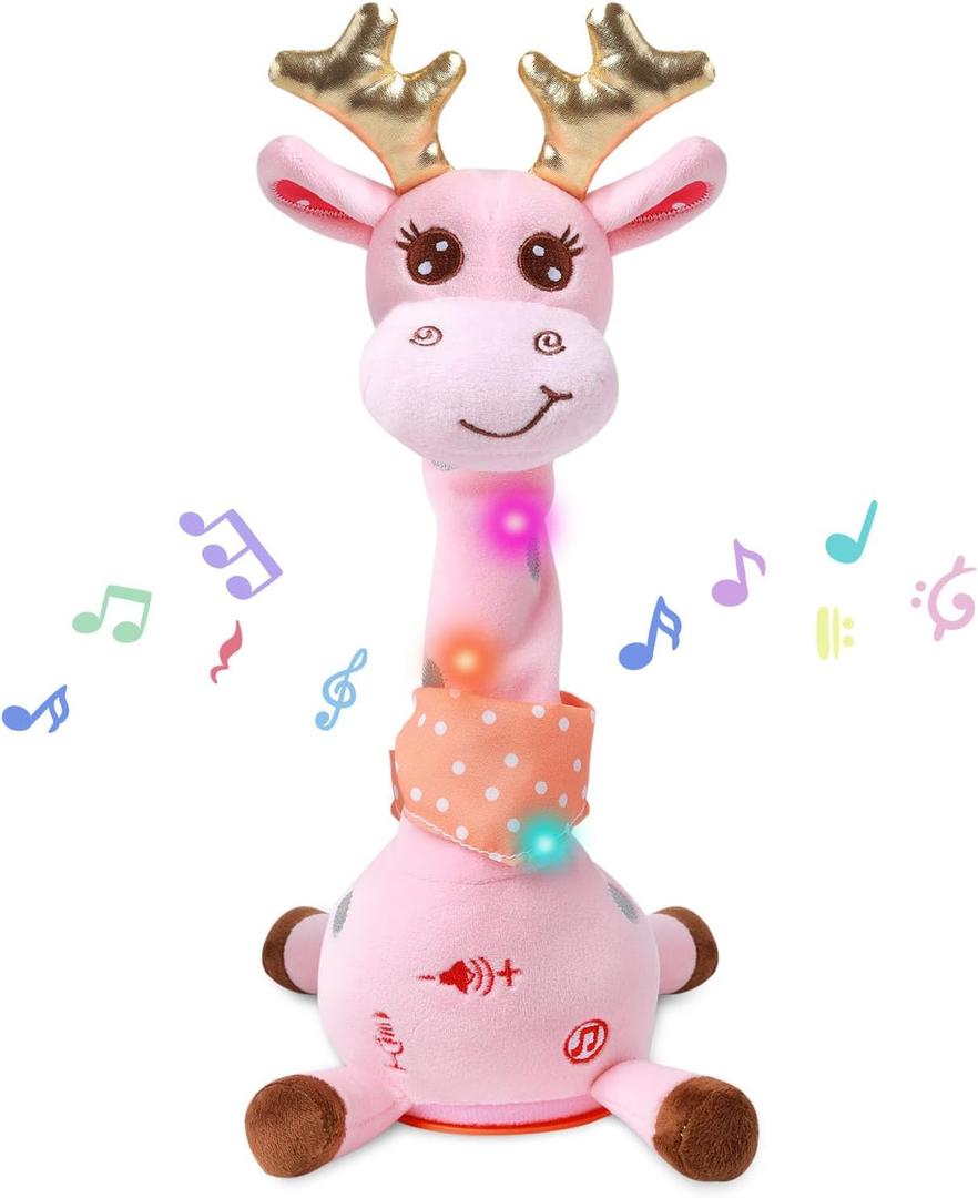 Dancing Talking Giraffe with Golden Antlers Toy, Stuffed Animal Baby Toy Repeating What You Say, Glowing Musical Electronic Giraffe with Golden Anlters Gifts for Toddlers 1-3 Years Old (Pink)