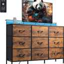WLIVE Dresser TV Stand for 45, 50, 55 inch TV, Entertainment Center with LED Lights & Charging Station, Chest of Drawers with 9 Fabric Drawers and Open Shelves for Living Room, Hallway, Rustic Brown