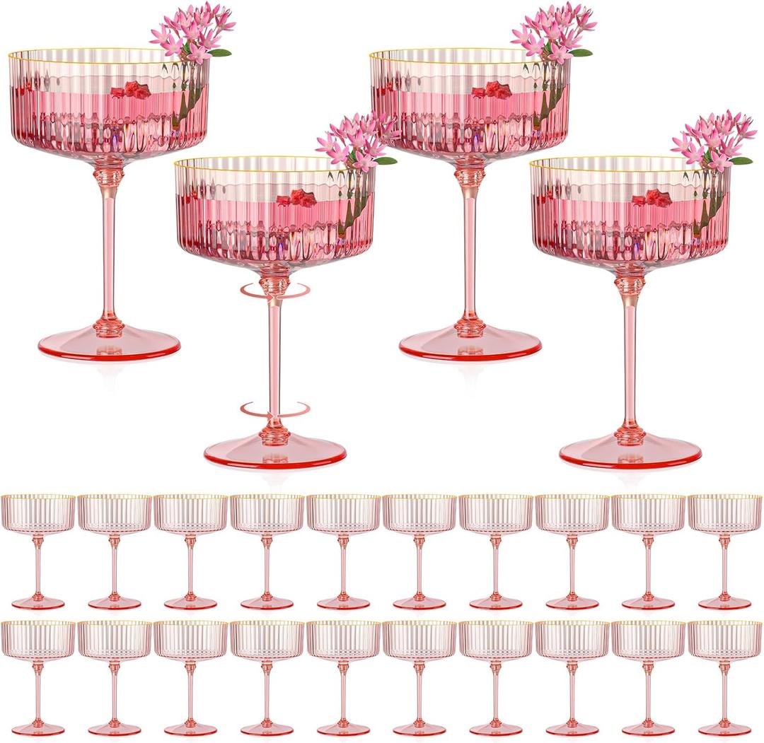 HKSZEH 24 PCS Ribbed Coupe Glasses Pink Plastic Champagne Coupe Cup 10oz Detachable Gold Rim Espresso Martini Glass Vintage Margarita Glassware Cocktail Glass for Wedding Bachelorette Party