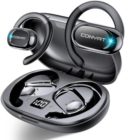 Conyat Open Ear Headphones, Wireless Bluetooth 5.4 Earbuds with Big Earhooks, Ultra-Comfort Open Ear Earbuds, 58 Hours HD Stereo Sound Over Ear Earphones, IP7 Waterproof Headset for Workouts, Black
