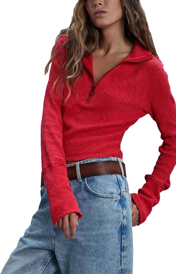 Womens Casual Pullover Sweaters Ribbed Knit Tops Fall (Red, XS)