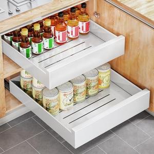 Pull Out Cabinet Organizer with Nano Adhesive, Heavy Duty Full-Extension Slide-Out Drawer for Kitchen Cabinet Organizers and Storage, No Drill Roll out Pantry Shelf, 13.8"W x 16.9"D x 3.1"H, White