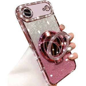 Magnetic Kickstand Glitter Case for iPhone Air,[Compatible with Magsafe] Cute Bling Sparkly Rhinestones with Camera Lens Protector& Makeup Mirror Women Girls Case for iPhone 17 Air 6.5", Pink