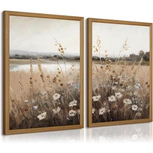 Wildflower Botanical Wall Art Decor Set of 2 Vintage Canvas Wall Decor Landscape Field Wall Art Pictures Farmhouse Prints Landscape Painting Vintage Artwork for Room Bedroom 12x16 Inch Framed