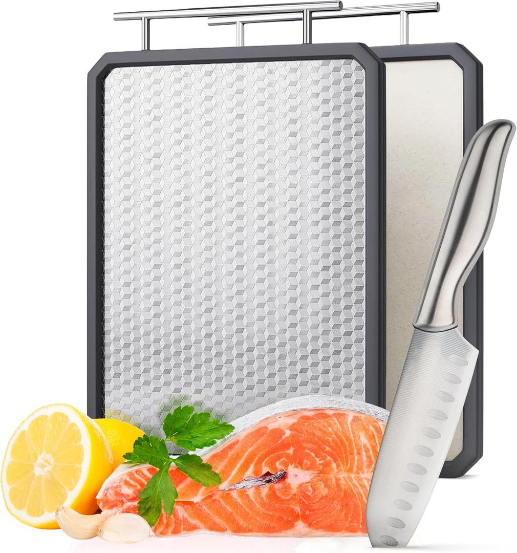 Stainless Steel Cutting Board 14.810.8, DualSided with Wheat Straw Texture & Smooth Metal, NonSlip Edge & Handle (Silver)