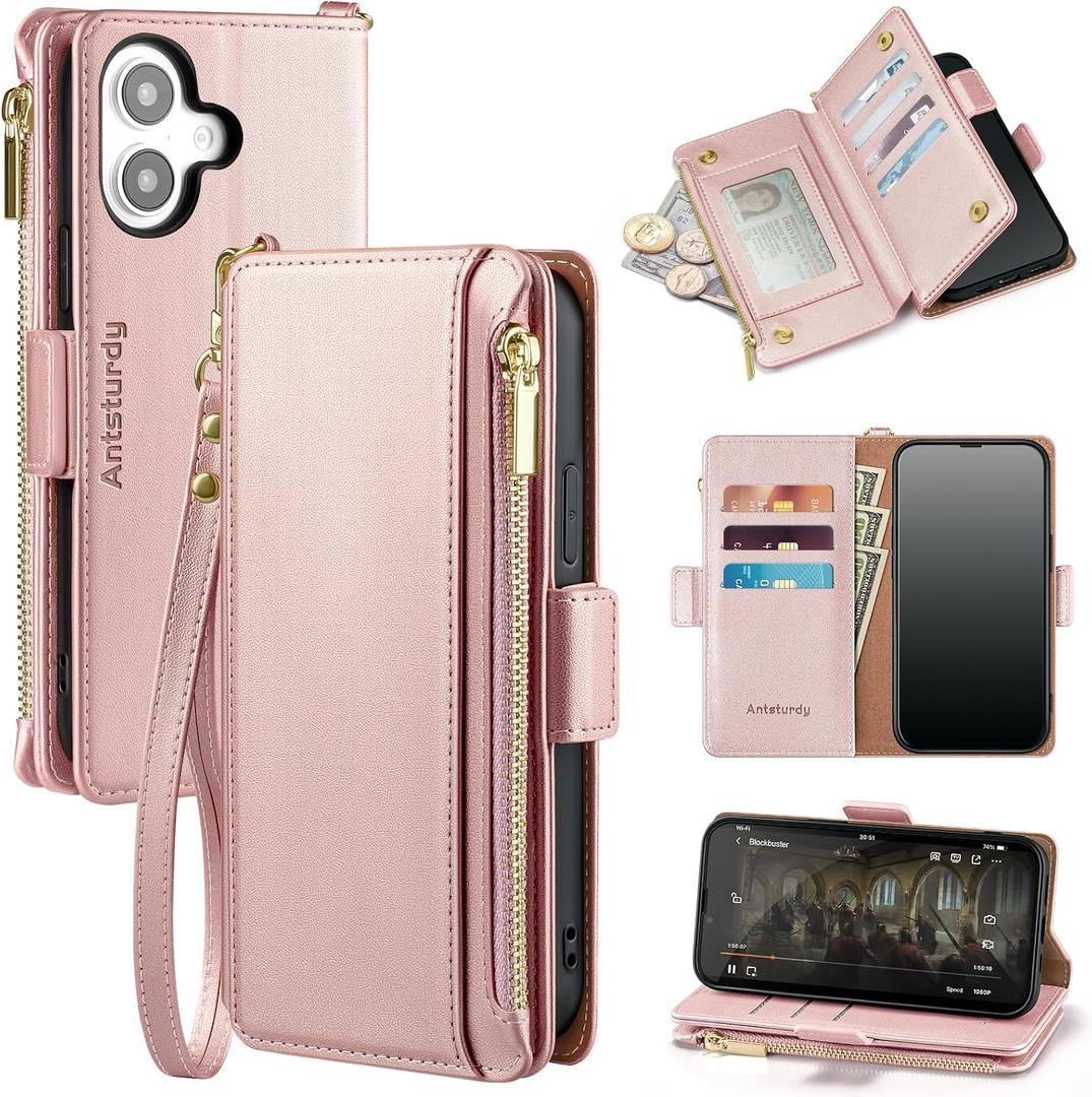 Antsturdy for iPhone 16 Plus Phone Wallet Case Women,Rose Gold RFID Blocking,with Credit Card Holder Slots,PU Leather Purse,Zipper Pocket,Wrist Strap Kickstand,Flip Folio Cover for Men