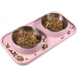 Cat Food Bowls, Cat Bowls Non-Skid and Non-Spill Silicone Pads with PP Stand, Removable Stainless Steel Food and Water Dishes for Cats, Small Size Dogs (Pink)