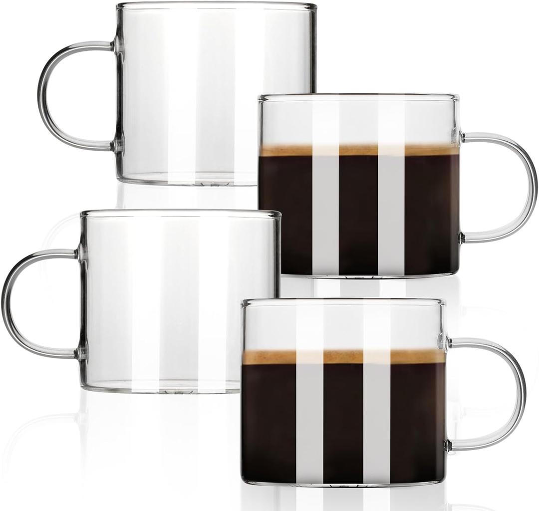 Espresso Cups Set of 4, 5 oz Small Shot Glasses with Handle, Clear Demitasse Mugs for Double Espresso or Tea, Coffee Machine Accessories